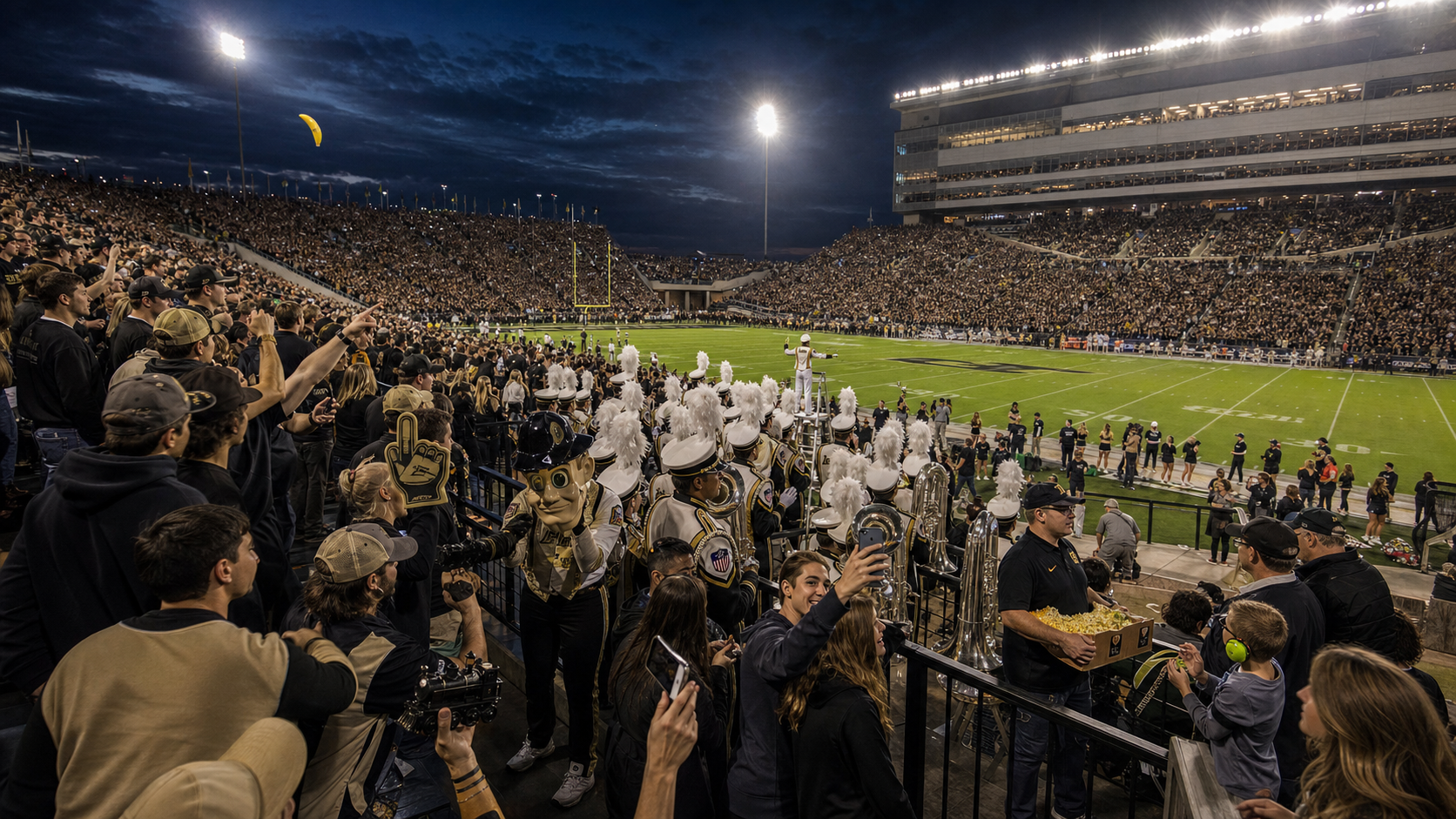 AI editorial reconstruction of a packed Ross-Ade game night from the student section, with small crowd and sideline moments hidden throughout.