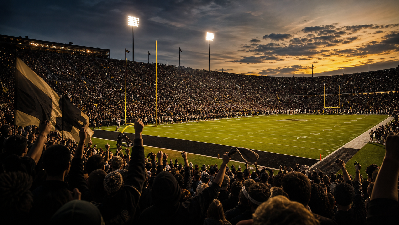 AI editorial reconstruction from the student section looking over the field at dusk.